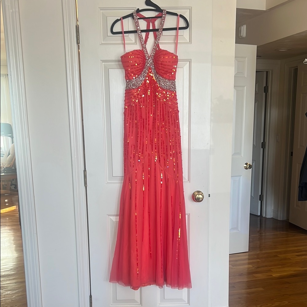 Coral Sequin Evening Gown
